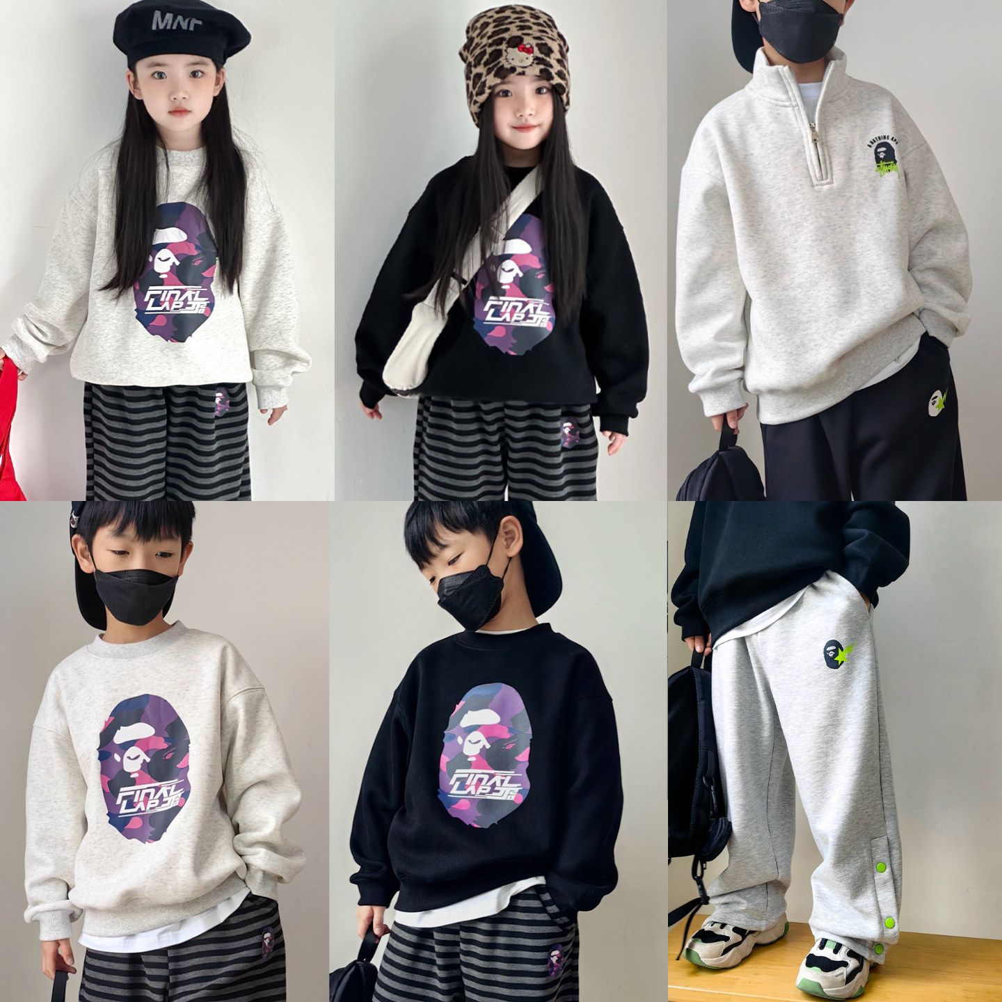 25年男女儿童韩版冬款加绒卫衣卡通加厚宽松外套加绒条纹运动裤