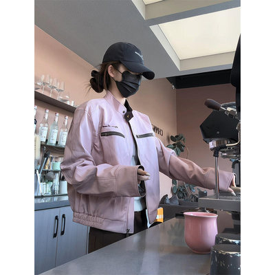 美式复古粉色pu皮开衫外