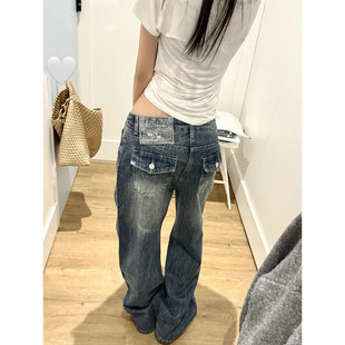 绣标水洗复古蓝阔腿牛仔裤女2026春季新款低腰宽松显瘦休闲直筒裤