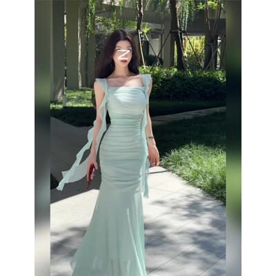 法式绝美绿色网纱吊带连