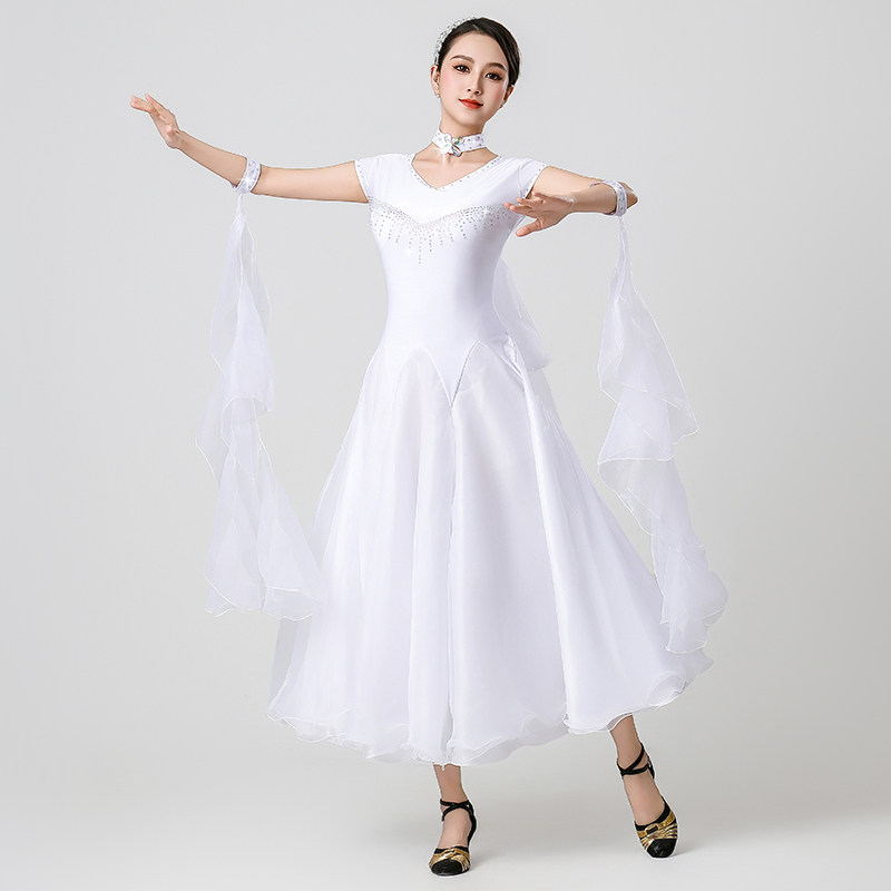 舞嫚婵摩登舞连衣裙国标舞演出服交谊舞舞蹈裙镶钻高弹性练习服