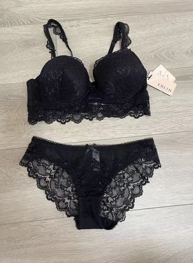 韩国EBLIN黑色时尚蝴蝶结文胸精美蕾丝诱惑聚拢舒适女士内衣套装