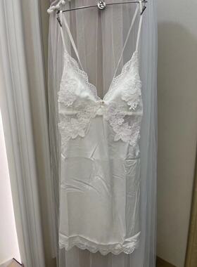 速发韩国EBLIN超美白色时尚蝴蝶结性感蕾丝边诱惑气质修身女睡裙