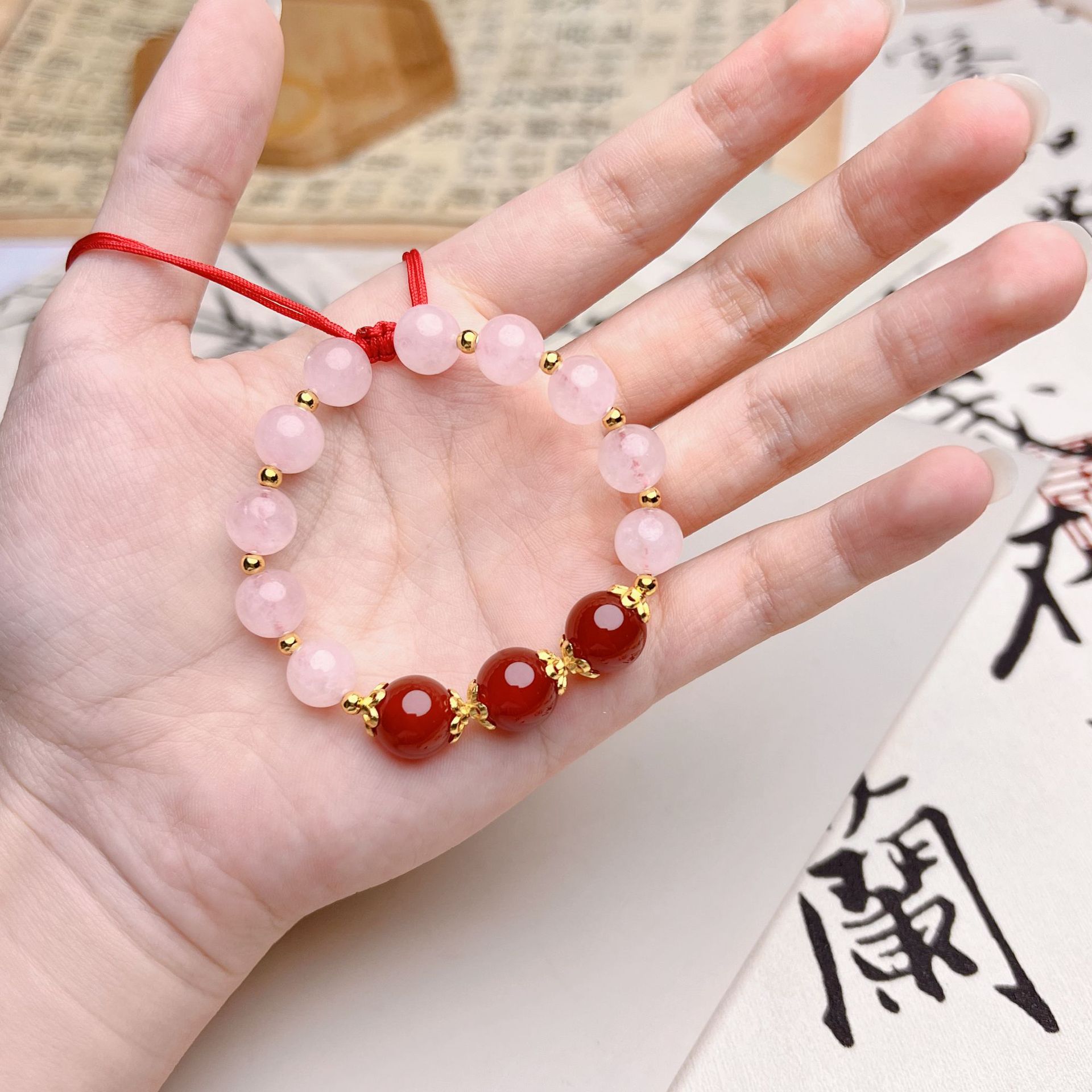 【定制刻字】粉水晶串珠手链可刻字红玛瑙女编织手绳学生七夕情侣