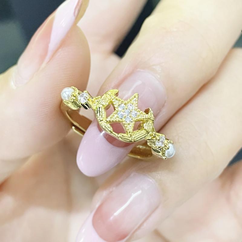 金色五角星领花珍珠戒指女轻奢个性百搭食指礼物活口指环潮流时尚