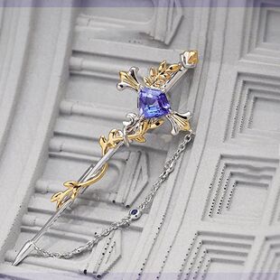 超高颜值麦穗与剑 异形切蓝紫坦桑胸针国潮彩宝软链复古小众设计