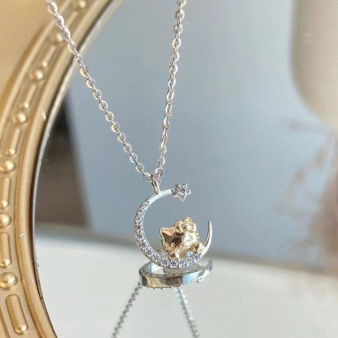 HelloKitty星月项链凯蒂猫锁骨链小红书同款ins月亮毛衣链高级月