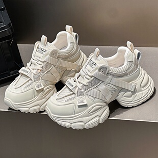 真皮厚底老爹鞋女2026春季新款网状水钻休闲增高鞋学生旅游运动鞋