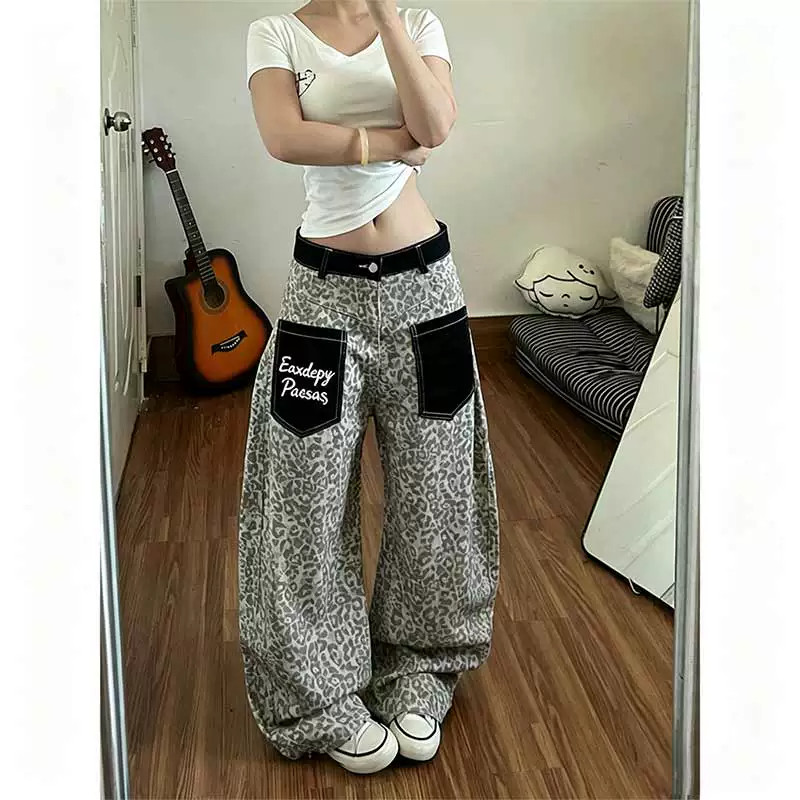 美式豹纹拼接牛仔裤女秋季新款