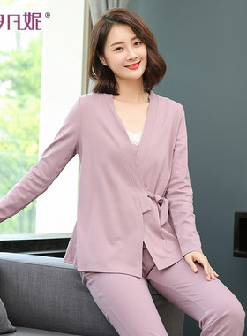 汐凡妮春秋季孕妇睡衣纯棉和服系带月子服三件套产后哺乳衣秋冬