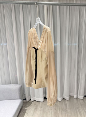 0MB.欧洲站新品修身收腰显瘦衬衫气质v领蝴蝶结拼接网纱减龄上衣