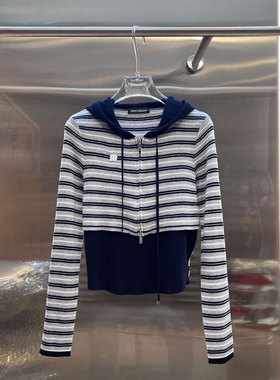 0MB.欧洲站新品甜酷条纹拼接假两件上衣短款连帽抽绳长袖针织衫女