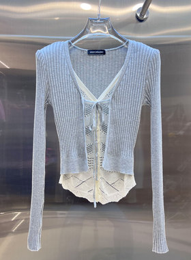 0MB.欧洲站新品小心机慵懒风显瘦设计感上衣假两件条纹针织开衫女