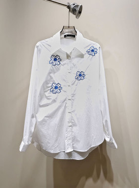0MB.欧洲站新品HELMCH南油高端轻奢中长款上衣刺绣花朵翻领衬衫女
