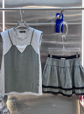 0MB.欧洲站新品BābyChìlling宽松垫肩假两件上衣高腰半裙套装女