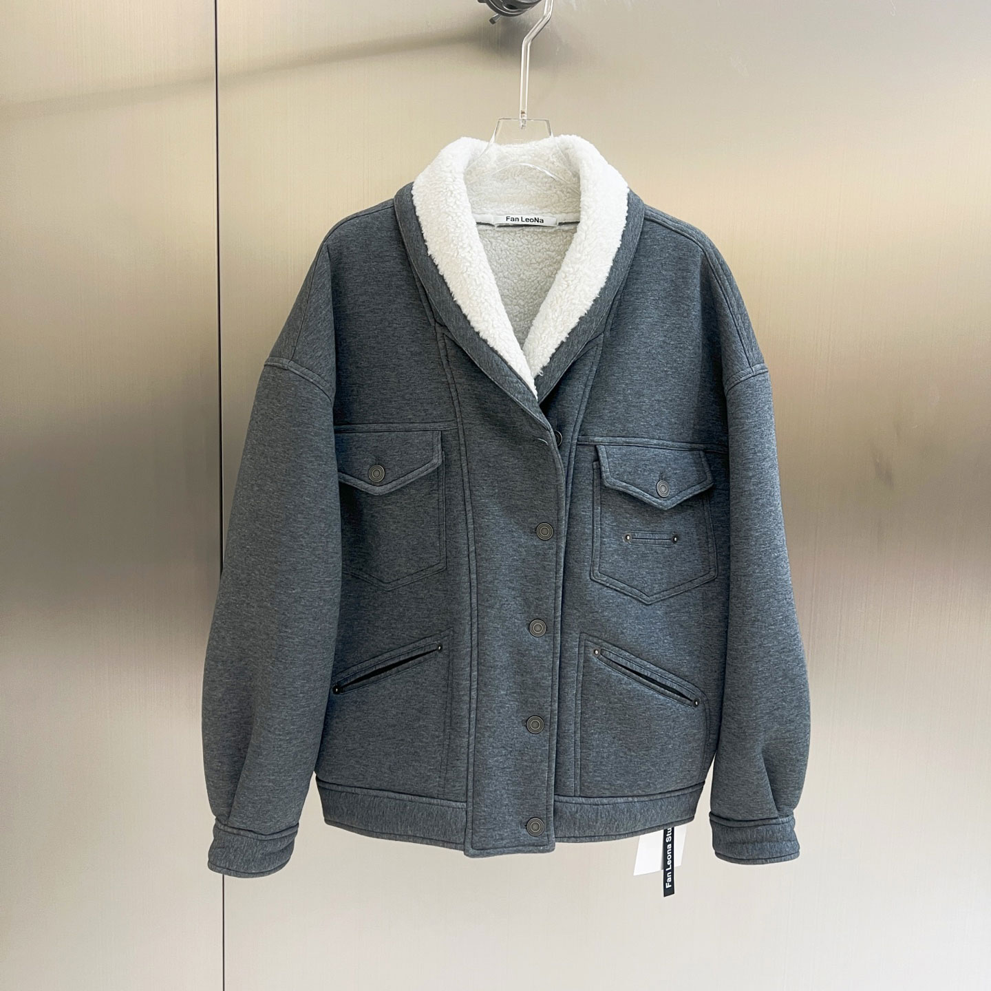 0MB.欧洲站新品FANLEONA多口袋内里毛绒加厚夹克排扣时尚卫衣外套