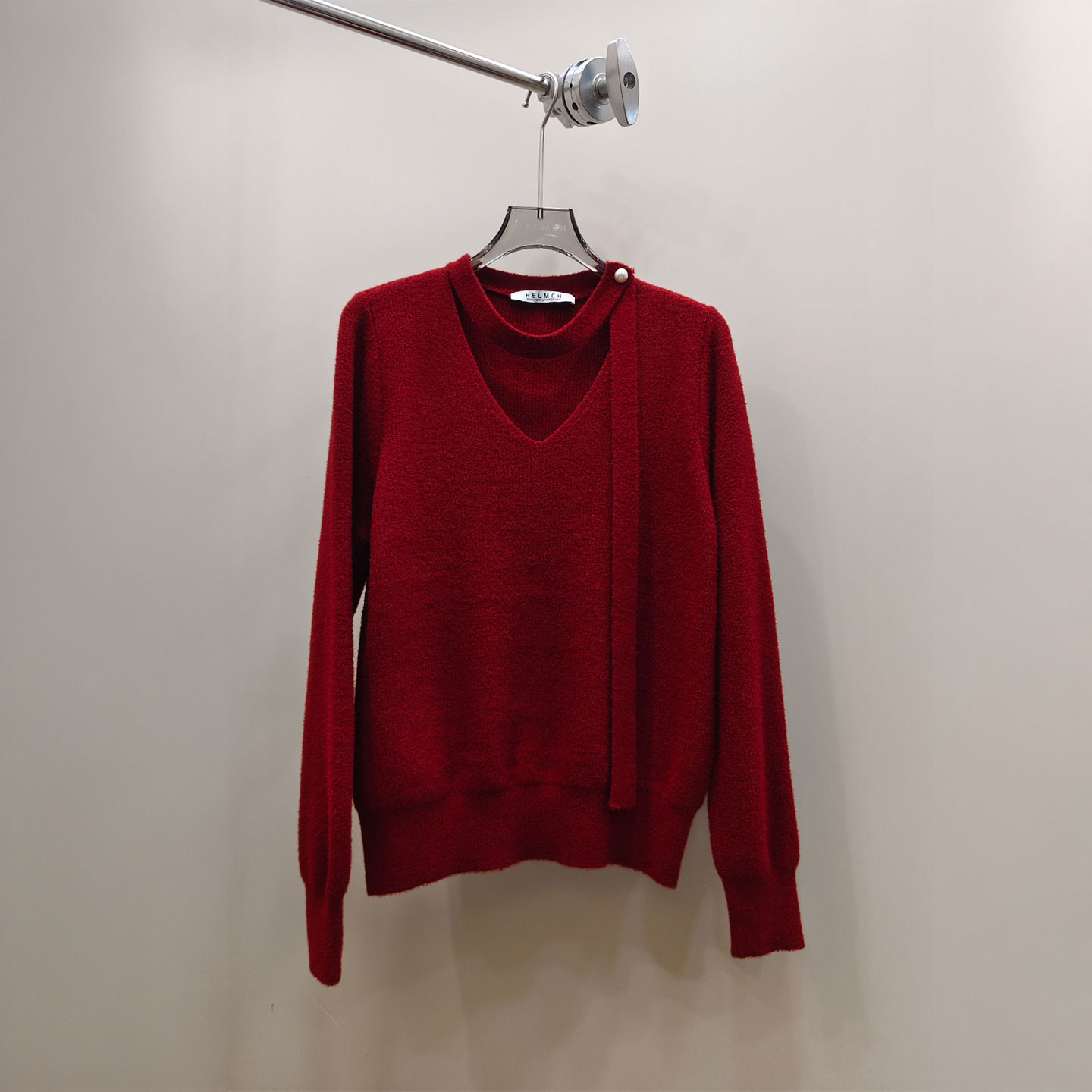 0MB.欧洲站新品HELMCH法式深圳南油慵懒风V领毛衣挂脖飘带针织衫