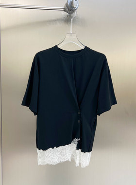 0MB.欧洲站新品FANLEONA收腰刺绣蕾丝短袖T恤设计感减龄百搭上衣