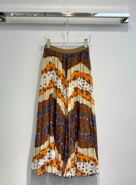 0MB.欧洲站新品英伦风高腰显瘦松紧腰压绉百褶裙复古印花网纱半身