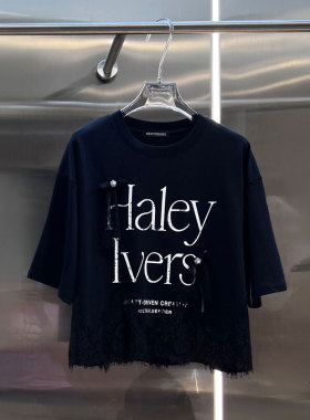 0MB.欧洲站新品深圳南油设计蕾丝拼接手袖上衣百搭字母短袖T恤女