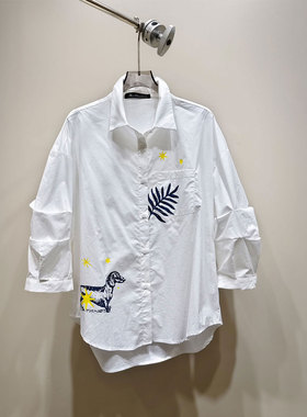 0MB.欧洲站新品HELMCH深圳南油中长款宽刺绣布绣上衣减龄洋气衬衫