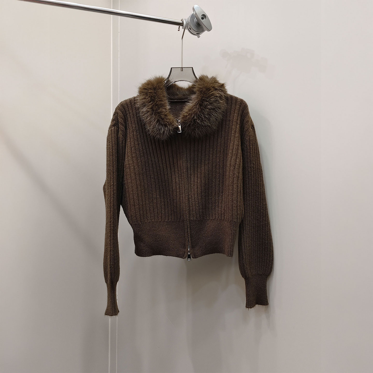 0MB.欧洲站新品慵懒风百搭针织衫显瘦短款毛领拼接双拉链毛衣外套