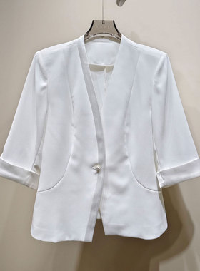0MB.欧洲站新品HELMCH深圳南油轻熟优雅外套白色七分袖无领西装女