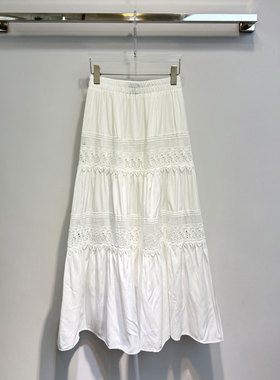 0MB.欧洲站新品高腰褶皱宽松大摆伞裙气质钩花镂空蕾丝百搭半身裙