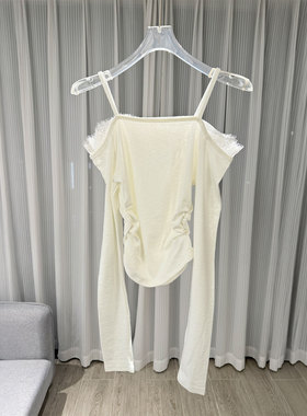 0MB.欧洲站新品辣妹纯欲长袖露肩拼接罗纹T恤蕾丝边一字肩上衣女