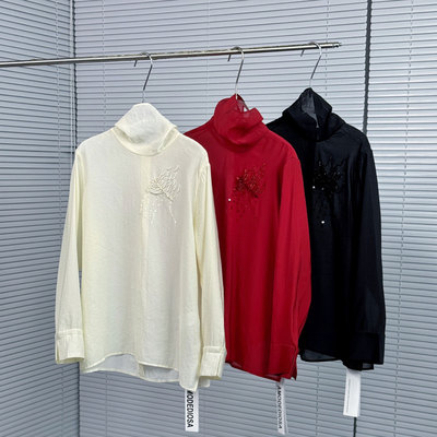 0MB.欧洲站新品南油高端刺绣长袖T恤立体绣花推推领半高领上衣女