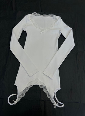 0MB.欧洲站新品纯欲辣妹白色打底衫长袖倒置两穿吊带拼接蕾丝上衣