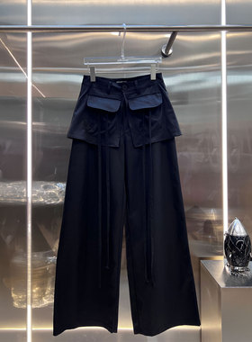 0MB.欧洲站新品高腰设计感直筒休闲长裤假两件屁帘飘带工装阔腿裤