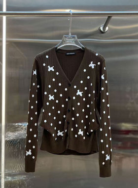 0MB.欧洲站新品英伦风别致气质波点棕色V领毛衣动物图案针织开衫