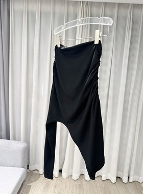 0MB.欧洲站新品英伦风不规则时髦气质上衣斜肩领褶皱长袖百搭T恤