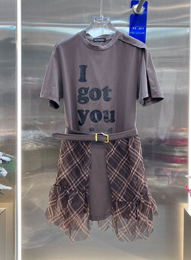 0MB.欧洲站新品BābyChìlling母印花网纱腰封格纹纱裙拼接连衣裙