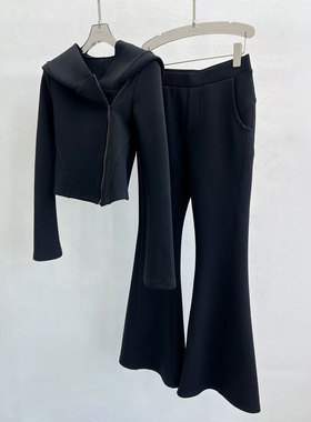 0MB.欧洲站新品休闲运动风连帽卫衣外套低腰喇叭裤时尚辣妹套装女