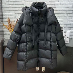 0MB.欧洲站新品深圳南油英伦风保暖中长款外套泡芙飘带连帽羽绒服