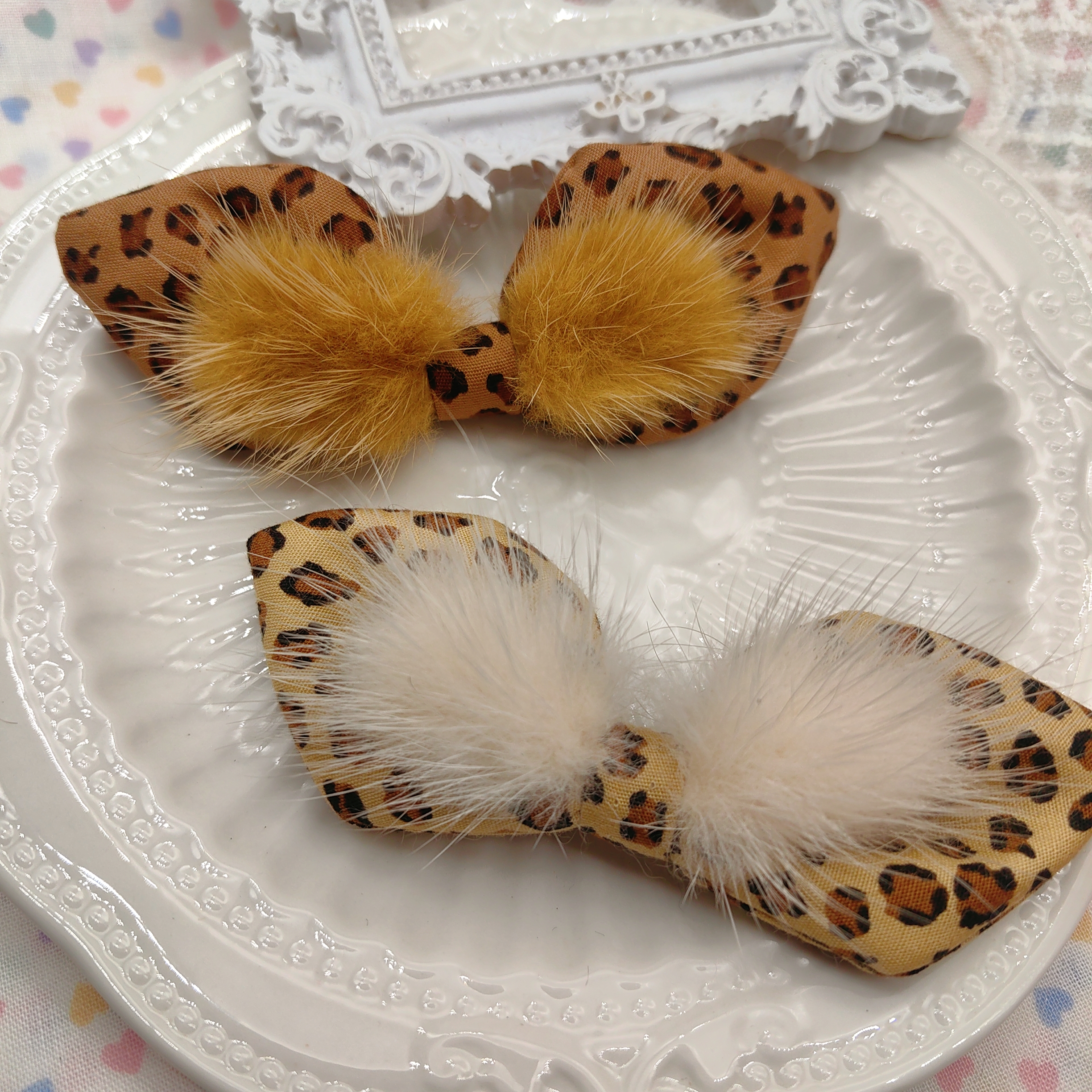 爱买就淘爱心豹纹毛球蝴蝶结刺绣贴片宠物发夹diy发饰儿童材料
