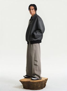 HALCYON DAYS工装风短款翻领皮衣男宽松拉链夹克黑色复古外套