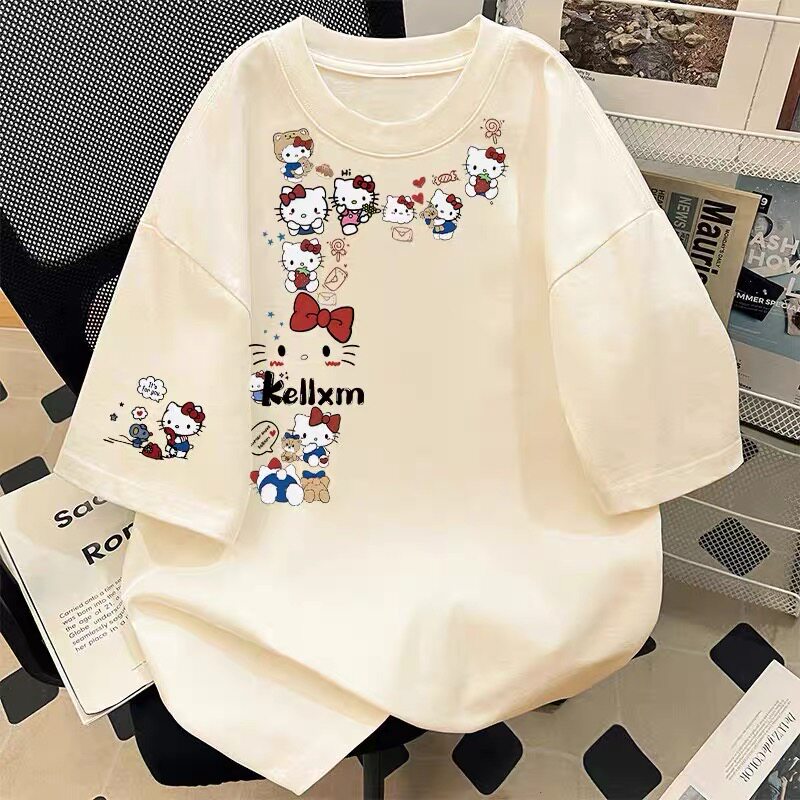 夏爆款kitty猫慵懒风短袖T恤男女童宽松独特设计感超好看百搭上衣