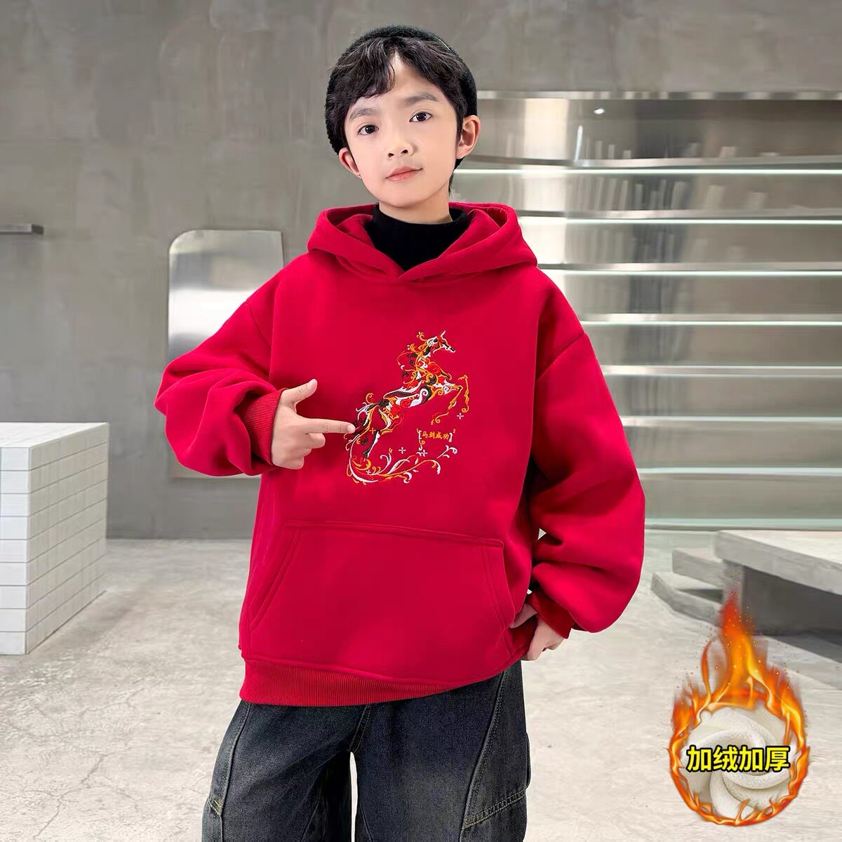 儿童冬款拜年服连帽卫衣2026新款男童加绒红色帽衫男孩休闲上衣潮
