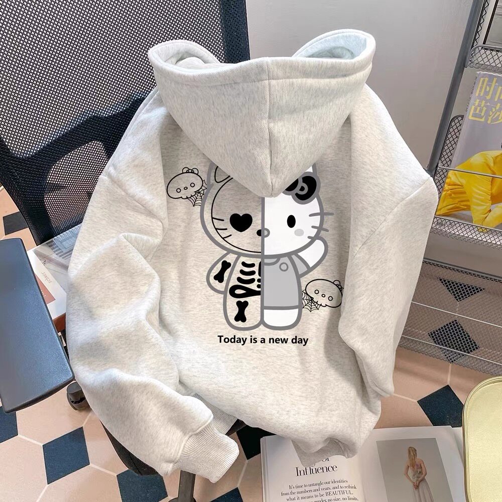 秋冬季新款猫咪印花粉色连帽卫衣女潮牌中大童复古休闲套头上衣潮