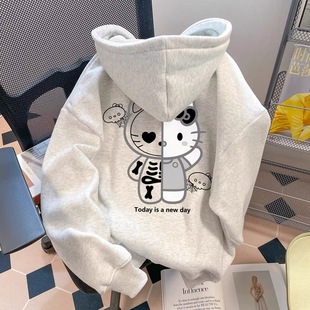 秋冬季新款猫咪印花粉色连帽卫衣女潮牌中大童复古休闲套头上衣潮