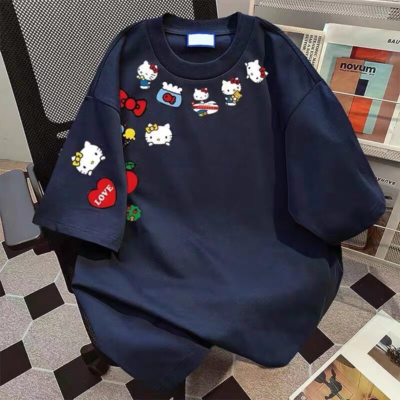 洋气时尚印花女童短袖T恤2026新款夏季藏青色半袖纯棉小女孩上衣