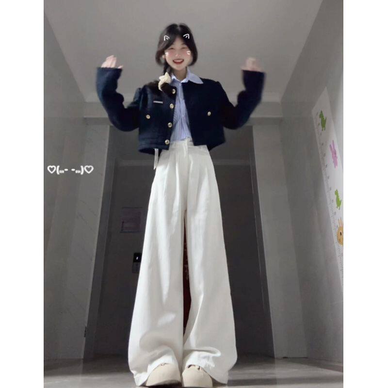 三件套女2025秋季新款学院小香风短款外套条纹衬衫高腰牛仔阔腿裤