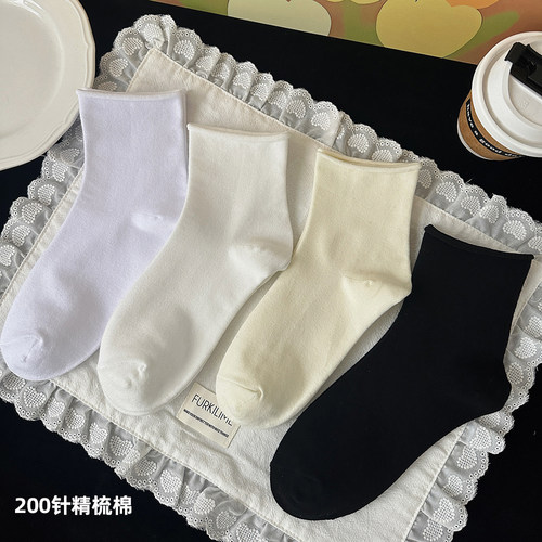 卷边白色袜子女精梳棉学院风日韩系中筒袜短袜堆堆显瘦搭小皮鞋