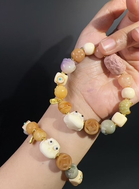 菩提根多宝钱币猫爪柿子面包搭配红枣血柏木佛珠手串文玩手链