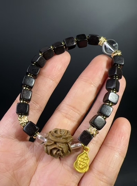 黑檀木方块玫瑰花手链中式文创景区寺院爆款手