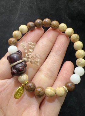 8MM奶香木金丝檀木搭配紫檀木围巾小熊檀木手串