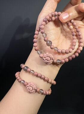 6MM天然血柏木搭配天然烟灰玛瑙玫瑰花手链手串手工男女佛珠文玩
